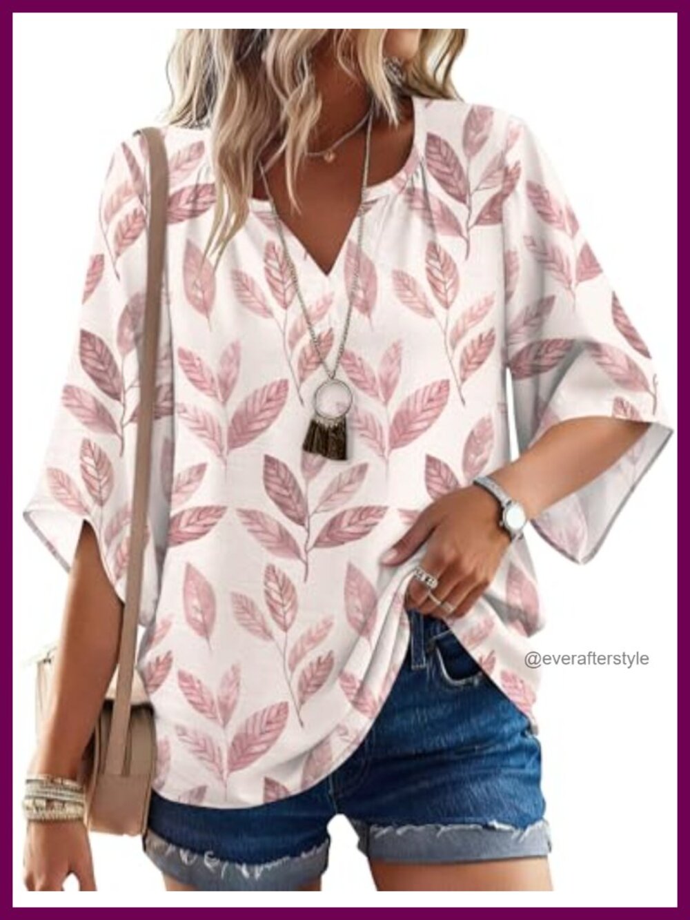 Boho Peasant Blouse 3/4 Sleeve V Neck Tunic Top Relaxed Fit